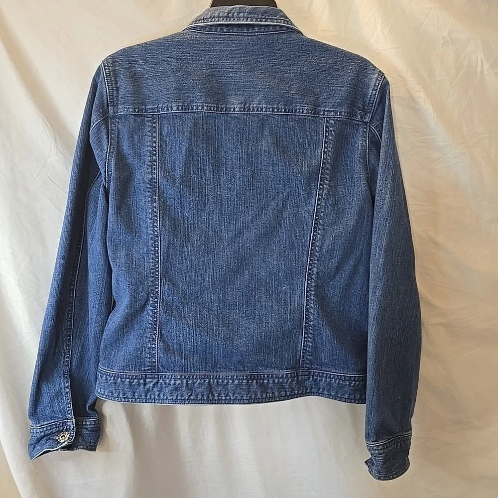 Christopher & Banks Floral Embroidered Denim Jean Jacket Stretch Sz L‎ Boho